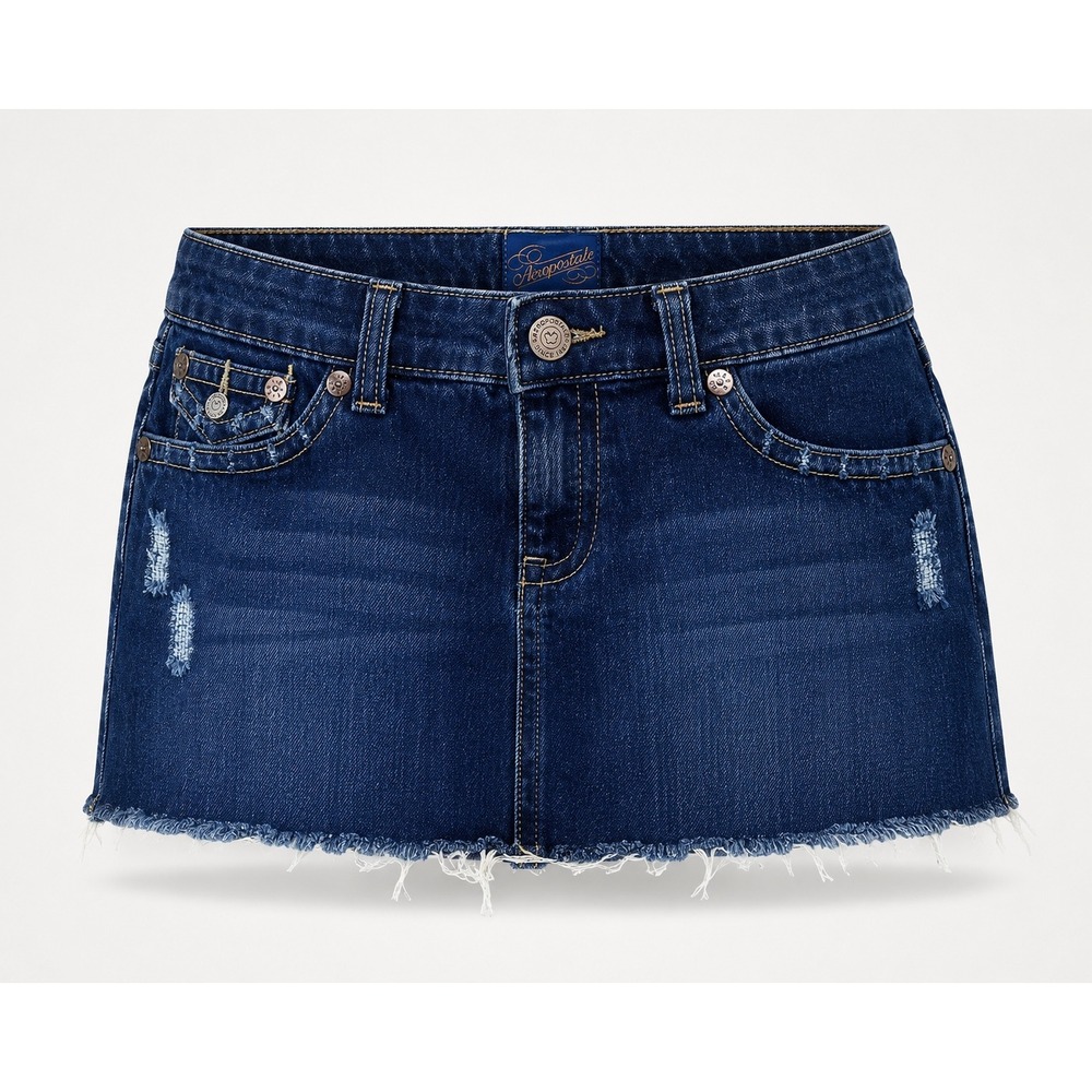 Aeropostale Denim Mini Skirt Womens 9/10 Dark Wash Distressed Y2K Raw Hem Grunge